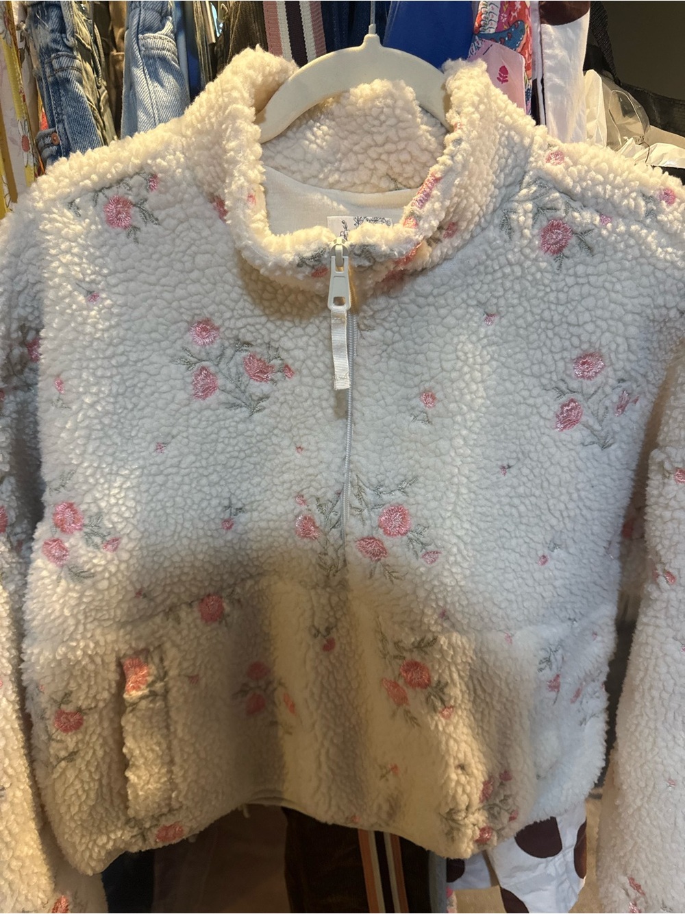 ALTARD STATE Cozy Floral Sherpa Half-Zip Jacket - Cream with Pink Roses - Picture 7 of 8